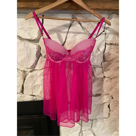 Victoria's Secret Womens Fuchsia Shimmer Lace Push-Up Babydoll Chemise Size 32DD - Picture 1 of 6